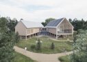 Visualisierung zeigt die Rückseite mit Innenhof des geplanten Walderlebniszentrums bei Mehlmeisel