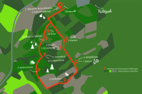 Grafische Darstellung einer Landschaft mit roten Strichen, die einen Wegverlauf darstellen 